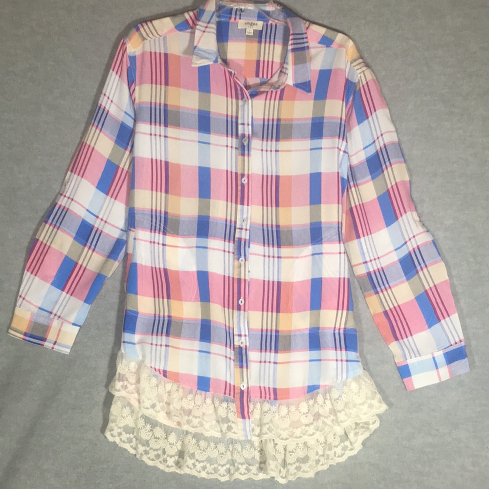 UMGEE Buttery Soft Comfy Long Line Tunic Top w/Lace Trim Pearl Buttons 2 Pockets
